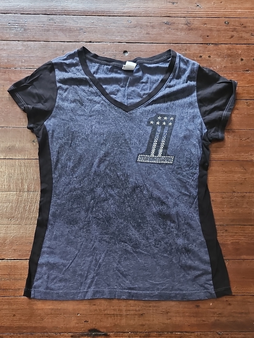 Harley-Davidson Women's Blue V-Neck Contrast Sleeve Graphic Tee